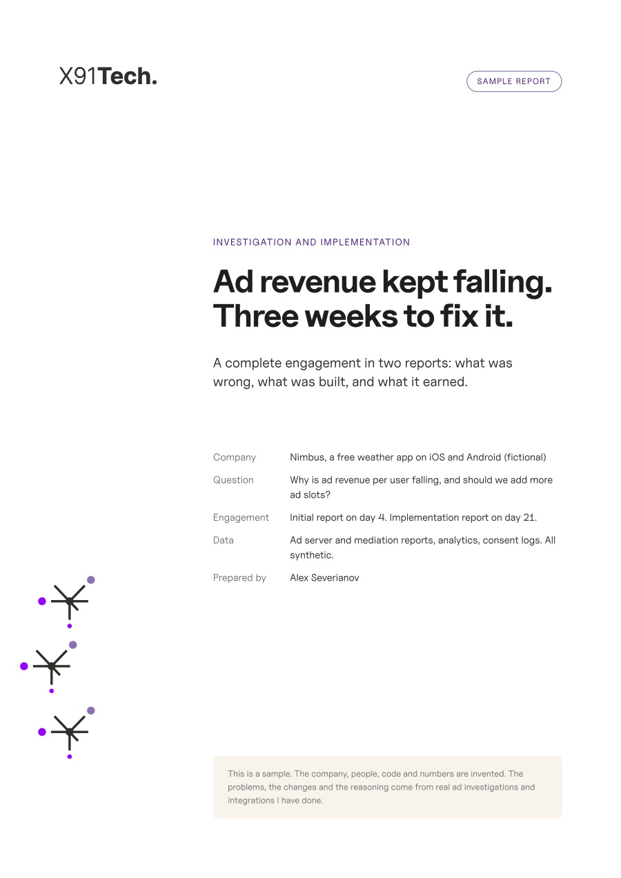 Sample report cover: Ad revenue kept falling. Three weeks to fix it.
