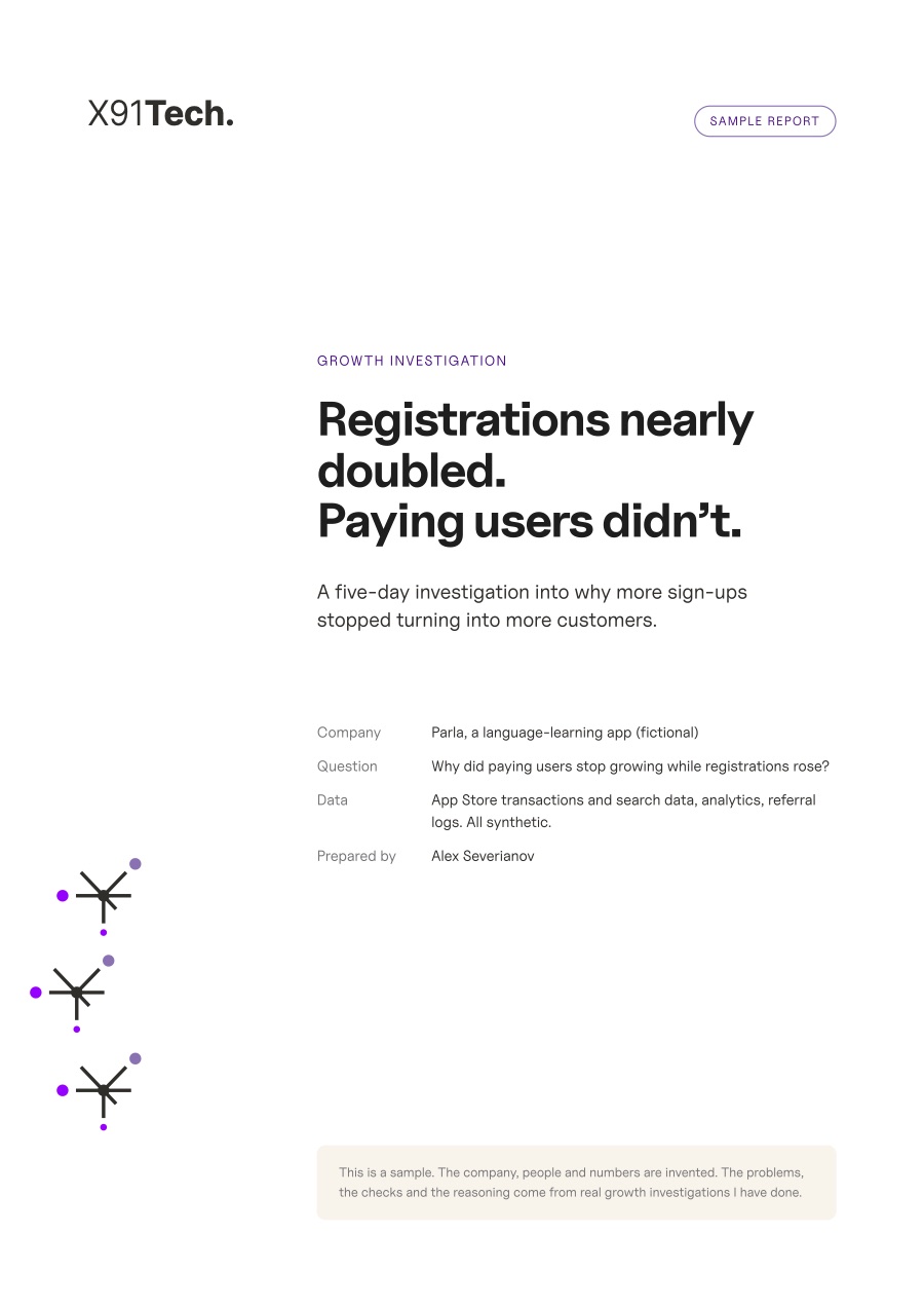 Sample report cover: Registrations nearly doubled. Paying users didn’t.