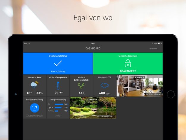 Smart-home iPad dashboard showing home status, security, weather, climate, energy use, and cameras