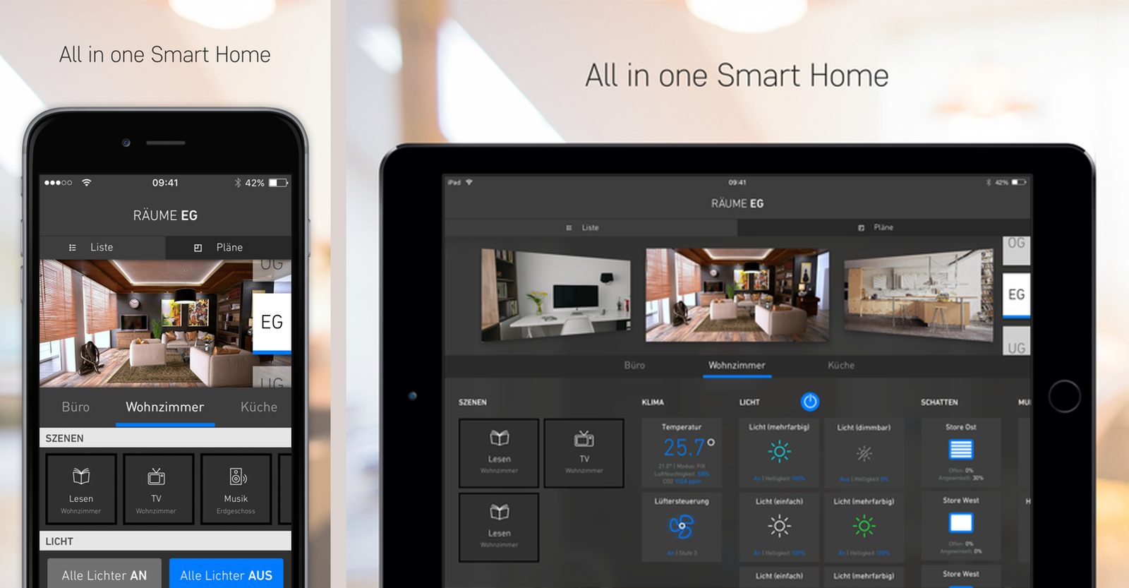 The same smart-home room screen on iPhone and iPad